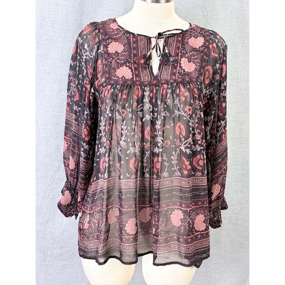 Ulla Johnson‎ Bea Silk Floral Peasant Blouse Tassel Tie Burgundy 4